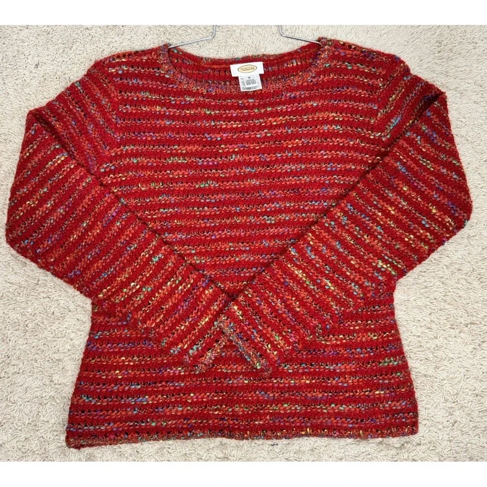 Talbots Wool Blend Open Weave Multicolor Pullover Sweater Size M Boat Neck Boho‎
